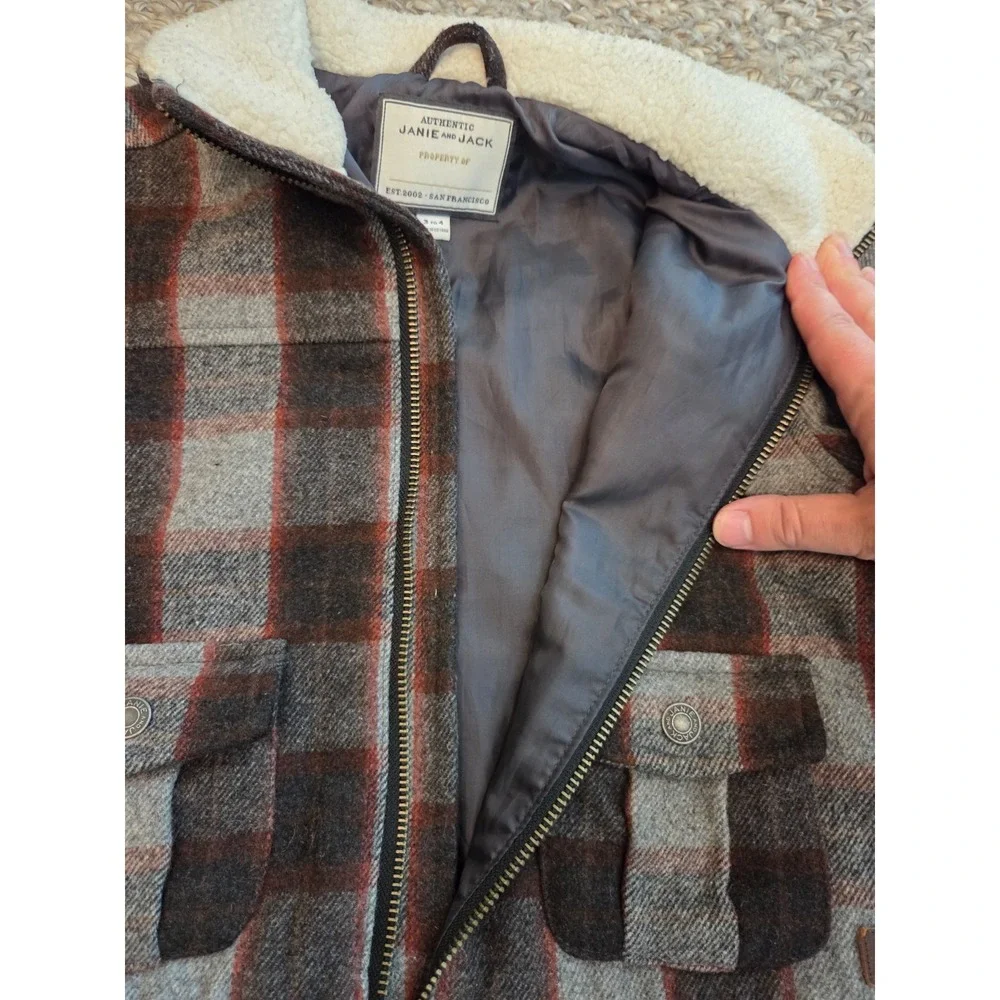 Janie and Jack Bomber Jacket Sherpa Collar Zip Up Flannel Plaid Boys 3-4
